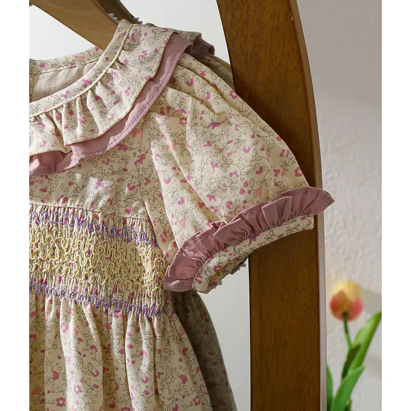 1-6Yrs Casual Summer Kids Girls Dress Floral Kids Clothes Ruffled Collar Purple Baby Girl Princess Dress New Flower Girl Dresses
