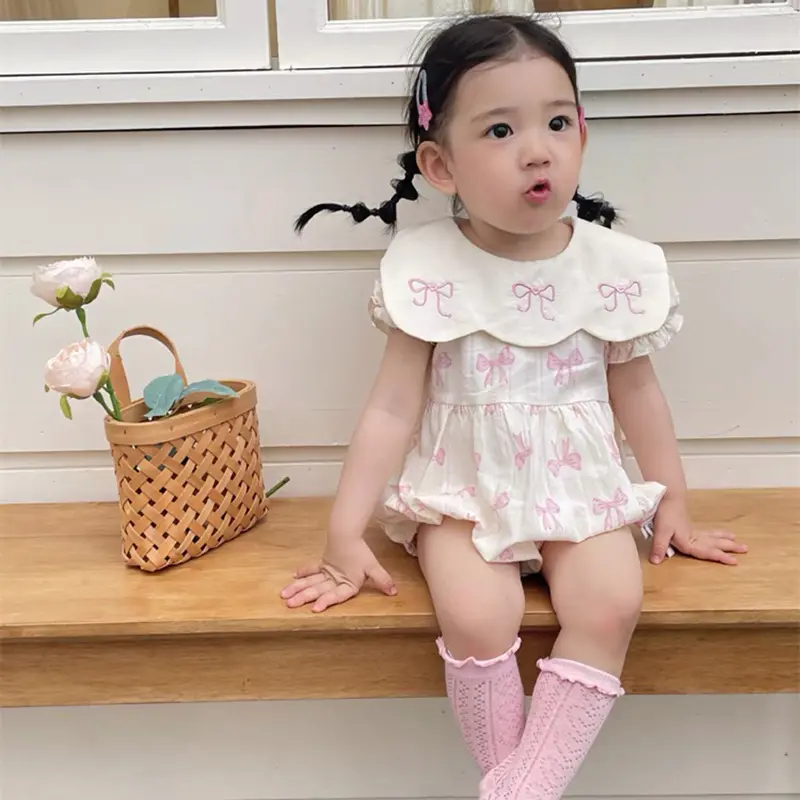 Summer Cotton Baby Bodysuit Newborn Clothing Pink Princess Baby Girls Princess Bodysuit Embroidered Bow Infant Girls Bodysuits