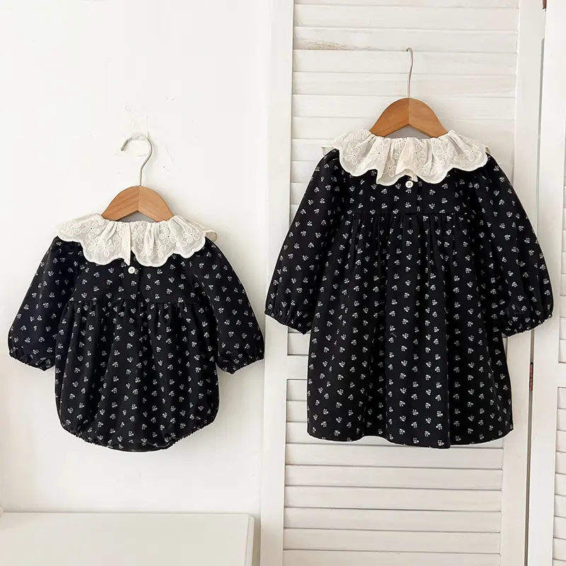Autumn New Baby Girls Petal Collar Sweet Black Floral Retro Dress Sisters Rompers Spring Kids Baby Girls Children Clothes Dress