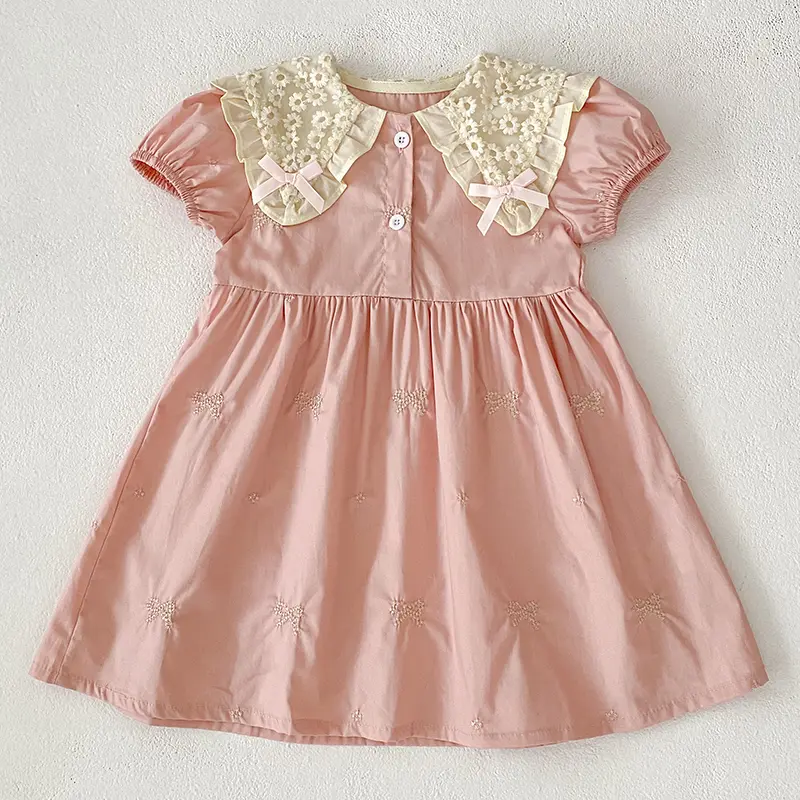 2025 Summer Baby Girl Dress Pink Baby Girl Clothing Lace Collar Cotton Princess Dress Embroidery Bow Toddler Baby Girls Dress