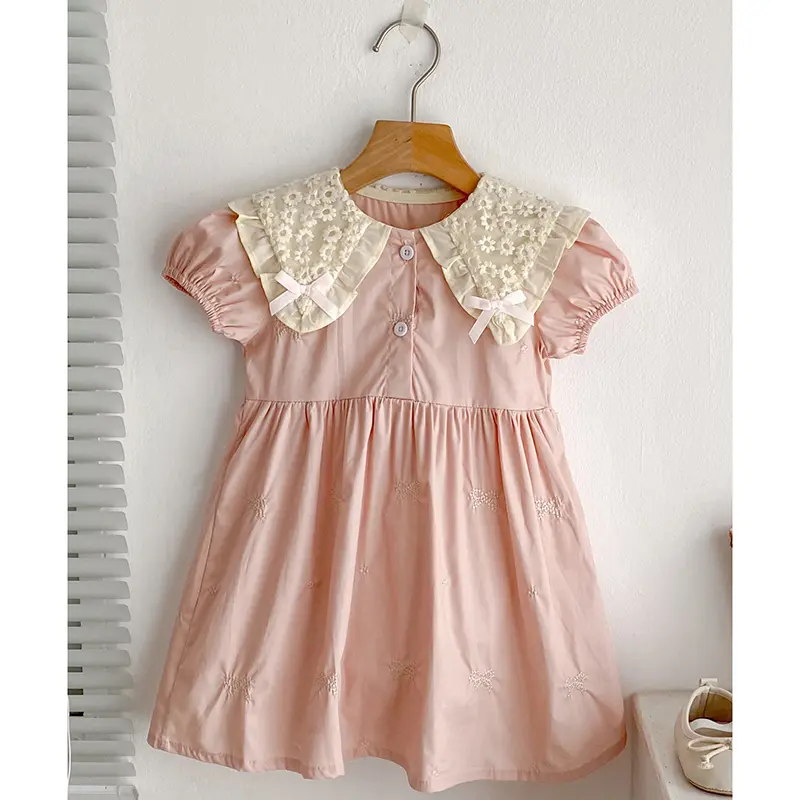 2025 Summer Baby Girl Dress Pink Baby Girl Clothing Lace Collar Cotton Princess Dress Embroidery Bow Toddler Baby Girls Dress