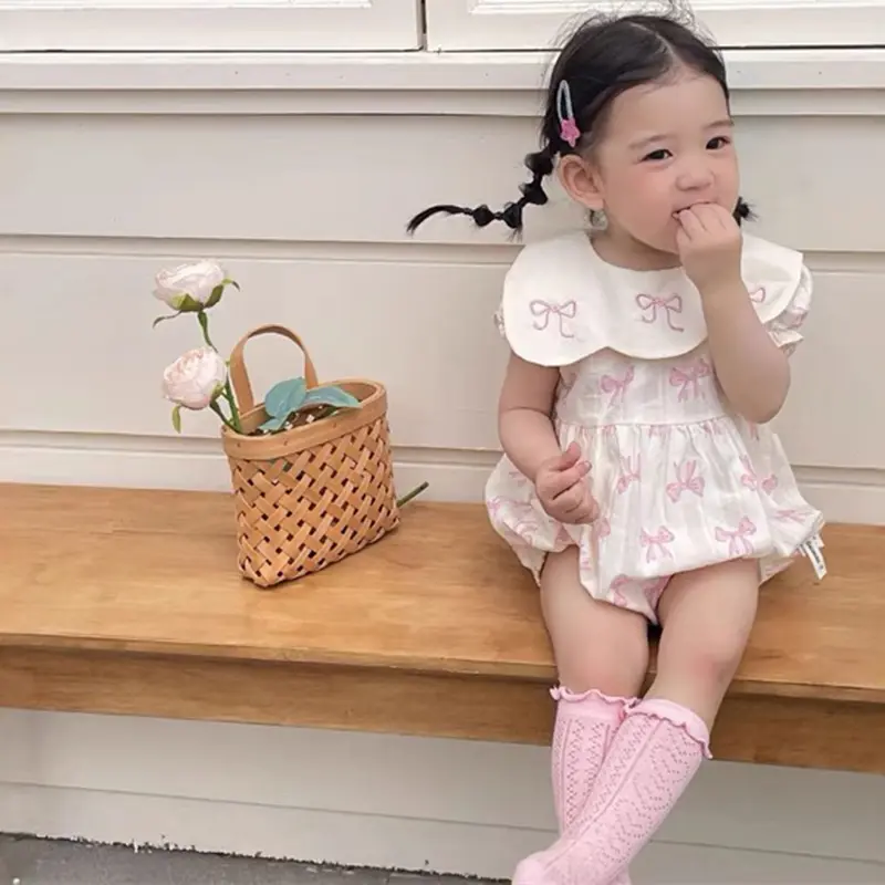 Summer Cotton Baby Bodysuit Newborn Clothing Pink Princess Baby Girls Princess Bodysuit Embroidered Bow Infant Girls Bodysuits
