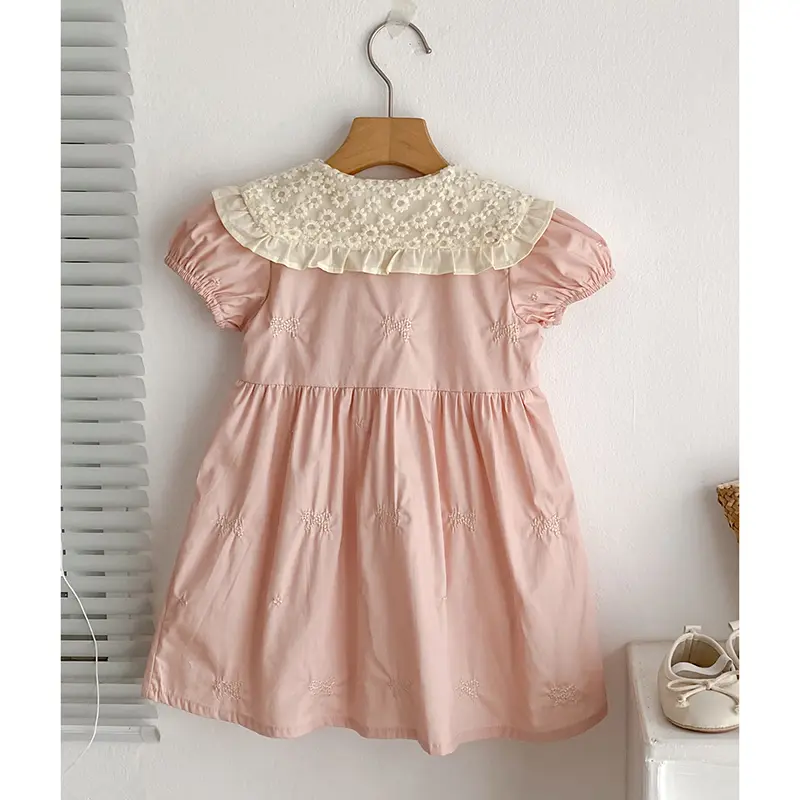 2025 Summer Baby Girl Dress Pink Baby Girl Clothing Lace Collar Cotton Princess Dress Embroidery Bow Toddler Baby Girls Dress