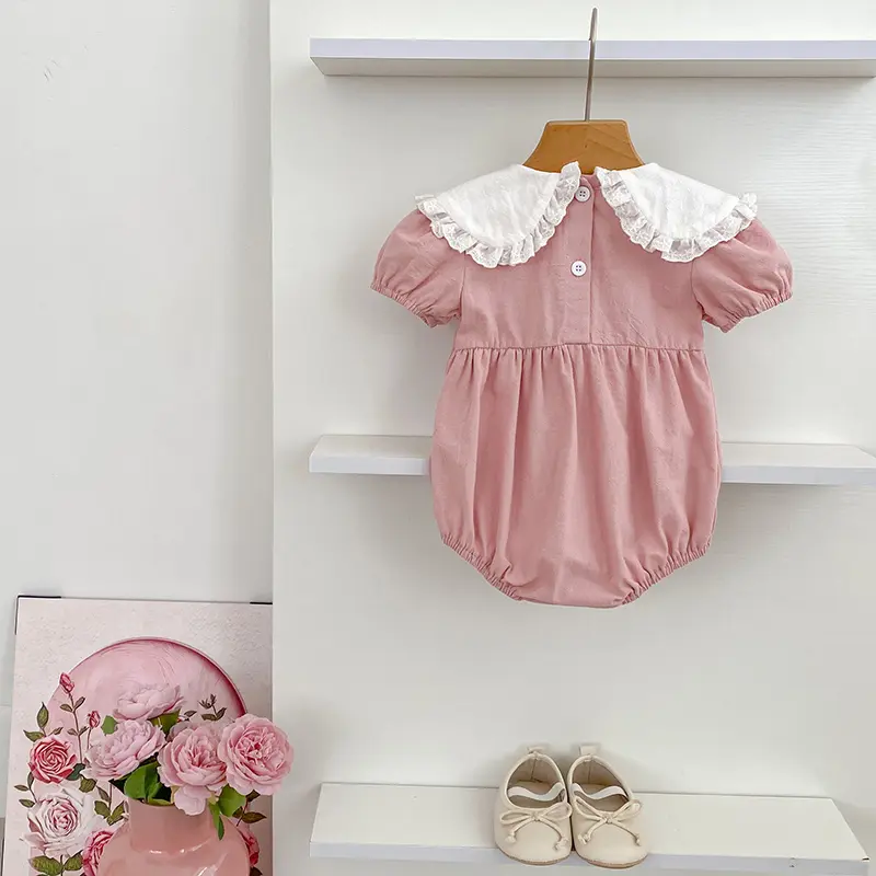0-24M Newborn Baby Girl Pink Romper Short Sleeve Rompers New Infant Clothes Round Neck Flower Embroidery Bodysuit Newborn Outfit