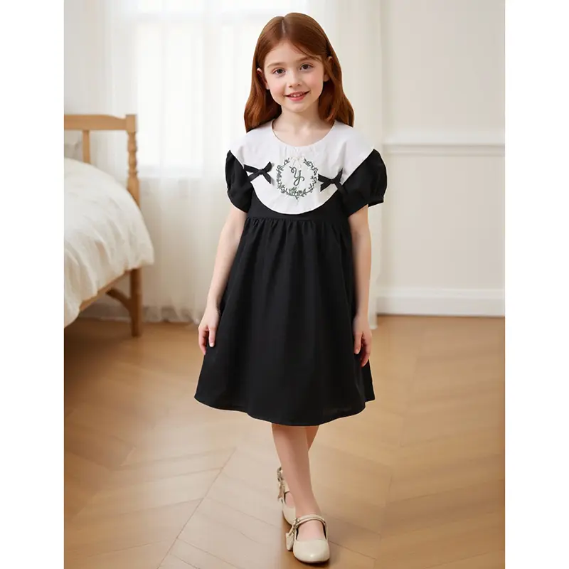 Summer Children Embroidery Flower 1-6Yrs Baby Girls Dress Infant Clothing Doll Collar Bubble Black Cotton Kids Party Bow Dress