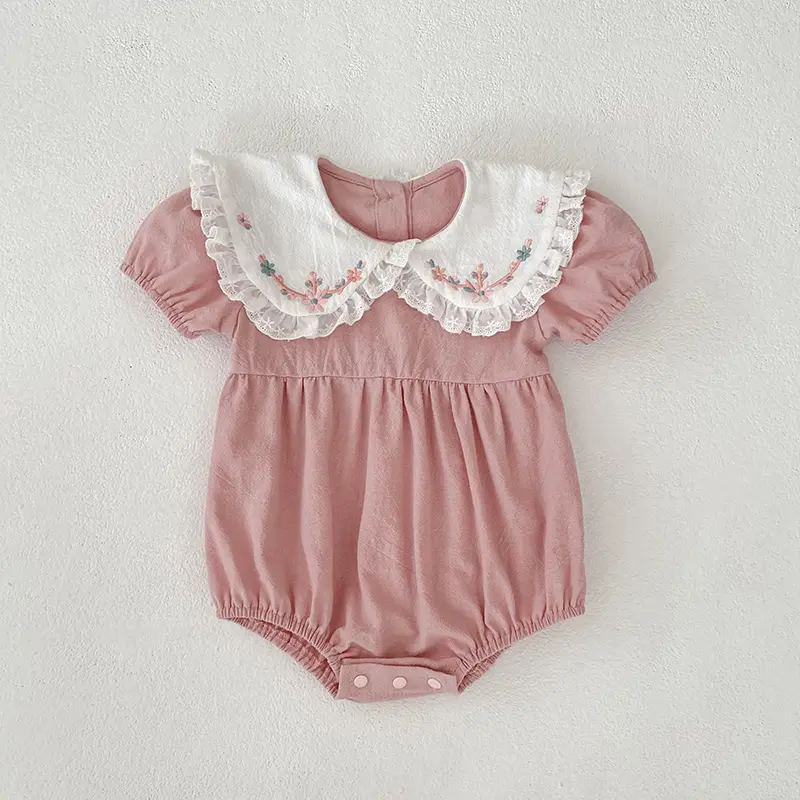 0-24M Newborn Baby Girl Pink Romper Short Sleeve Rompers New Infant Clothes Round Neck Flower Embroidery Bodysuit Newborn Outfit