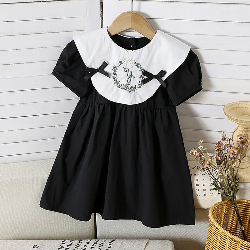 Summer Children Embroidery Flower 1-6Yrs Baby Girls Dress Infant Clothing Doll Collar Bubble Black Cotton Kids Party Bow Dress