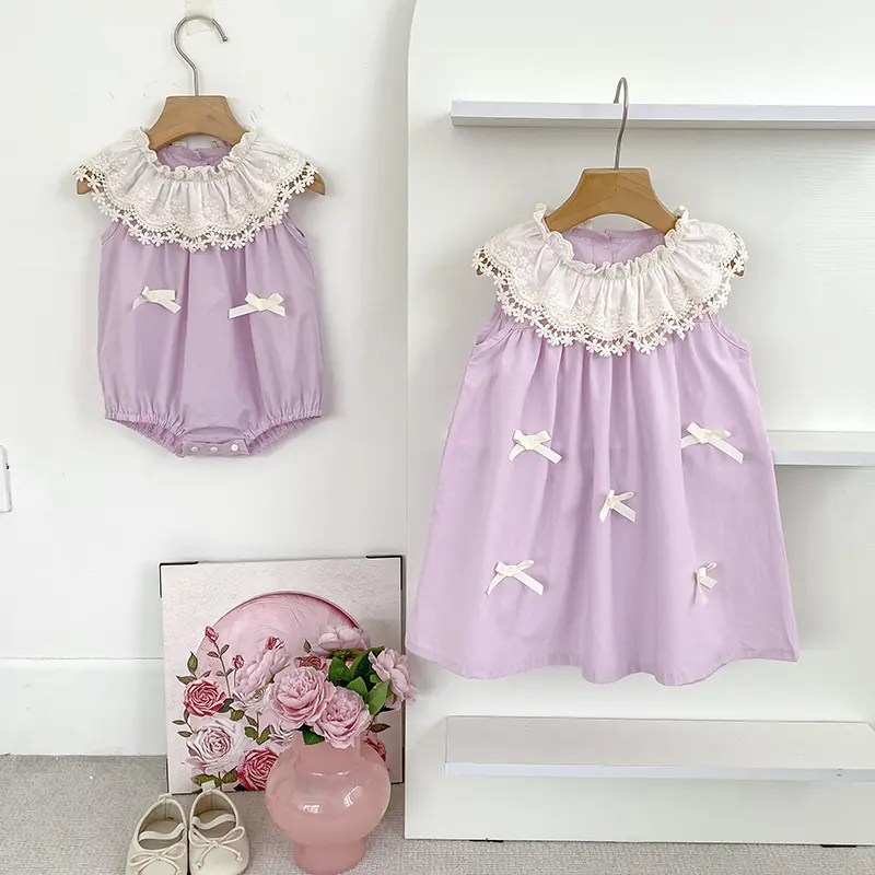 Sisters Lace Petal Collar Dress Baby Rompers Girls Clothing Summer Sisters New Bow Party Princess Dress Sweet Cute Kids Clothes