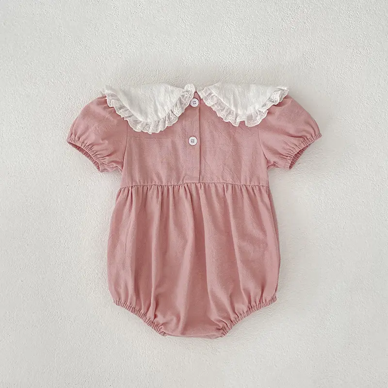 0-24M Newborn Baby Girl Pink Romper Short Sleeve Rompers New Infant Clothes Round Neck Flower Embroidery Bodysuit Newborn Outfit