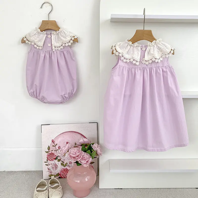 Sisters Lace Petal Collar Dress Baby Rompers Girls Clothing Summer Sisters New Bow Party Princess Dress Sweet Cute Kids Clothes