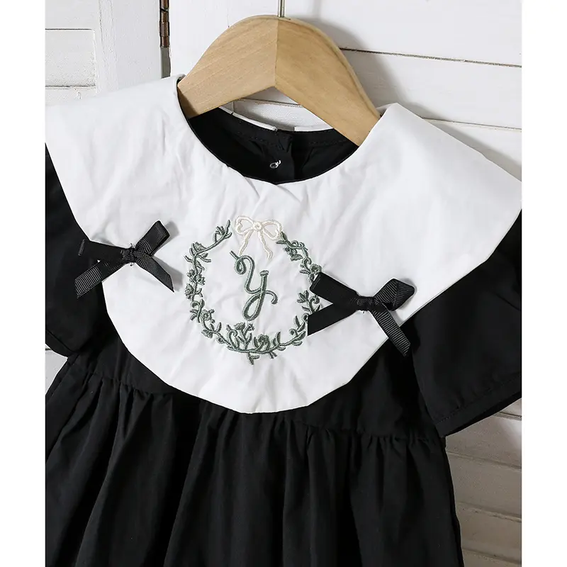 Summer Children Embroidery Flower 1-6Yrs Baby Girls Dress Infant Clothing Doll Collar Bubble Black Cotton Kids Party Bow Dress