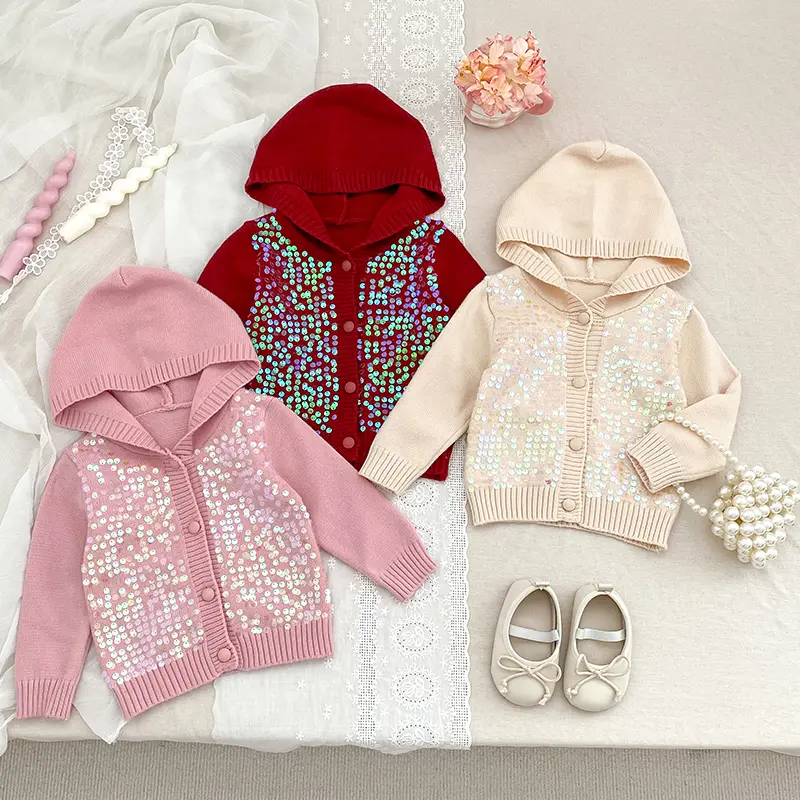 Baby Girls Sweet Embroidered Sequins Hooded Knitted Acrylic Long Sleeve Baby Girls Coat Soft Infant Sweater Overcoat Cardigan