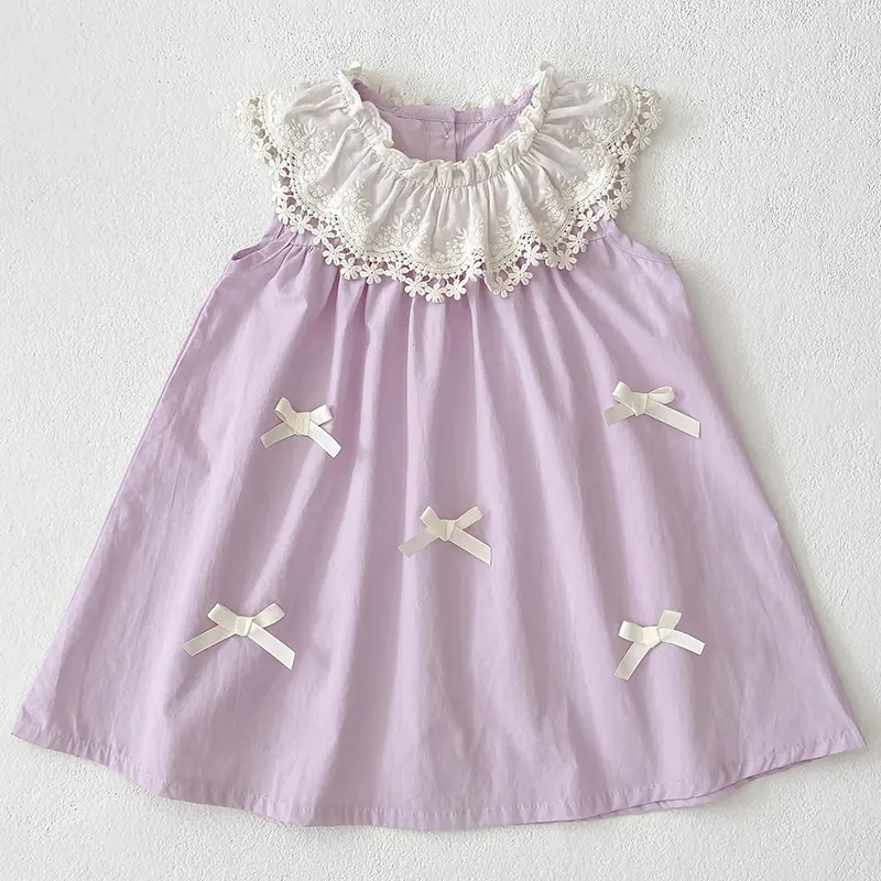 2-6Yrs Summer Cute Embroidered Bow Printed Dress New Girls Dress Purple Lace Collar Toddler Kid Clothes Ruffled Collar Clothing