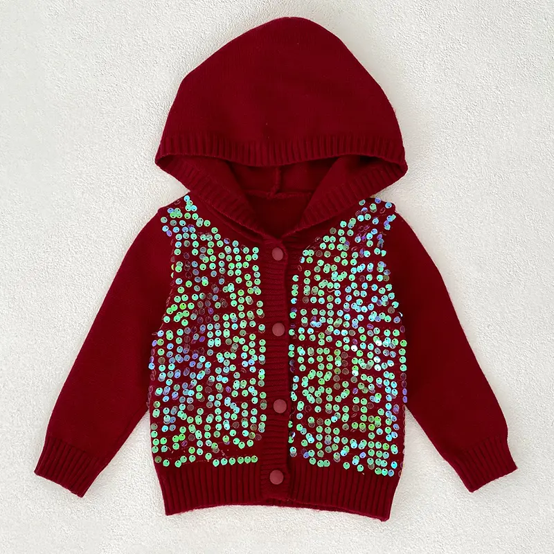 Baby Girls Sweet Embroidered Sequins Hooded Knitted Acrylic Long Sleeve Baby Girls Coat Soft Infant Sweater Overcoat Cardigan