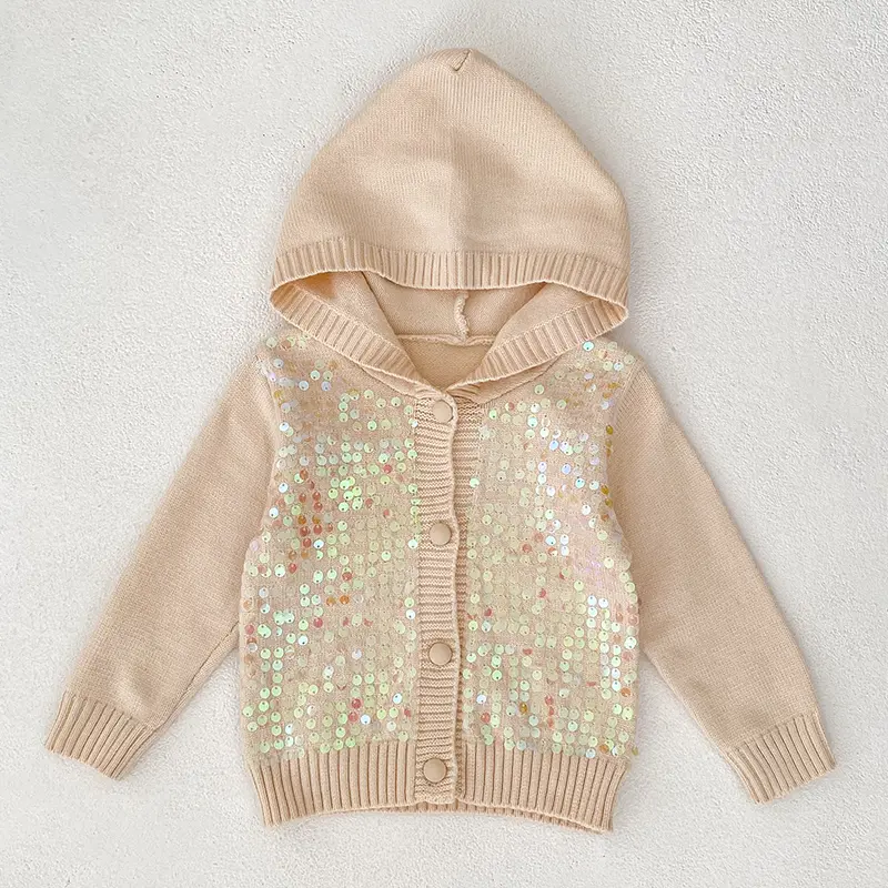Baby Girls Sweet Embroidered Sequins Hooded Knitted Acrylic Long Sleeve Baby Girls Coat Soft Infant Sweater Overcoat Cardigan