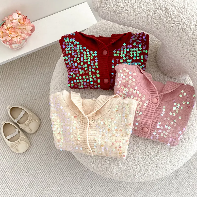 Baby Girls Sweet Embroidered Sequins Hooded Knitted Acrylic Long Sleeve Baby Girls Coat Soft Infant Sweater Overcoat Cardigan
