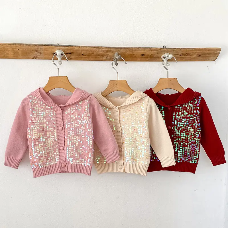 Baby Girls Sweet Embroidered Sequins Hooded Knitted Acrylic Long Sleeve Baby Girls Coat Soft Infant Sweater Overcoat Cardigan