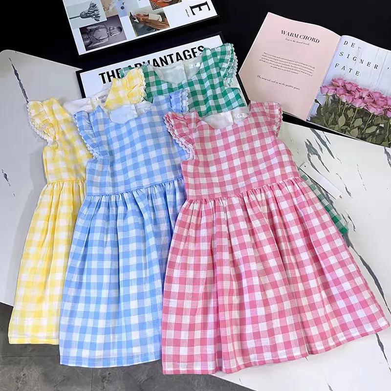 Baby Girls Flying Dleeve Summer Kids Clothes Dress Grid Dress New Kids Baby Girls Sweet Cute Princess Children Clothes Dress