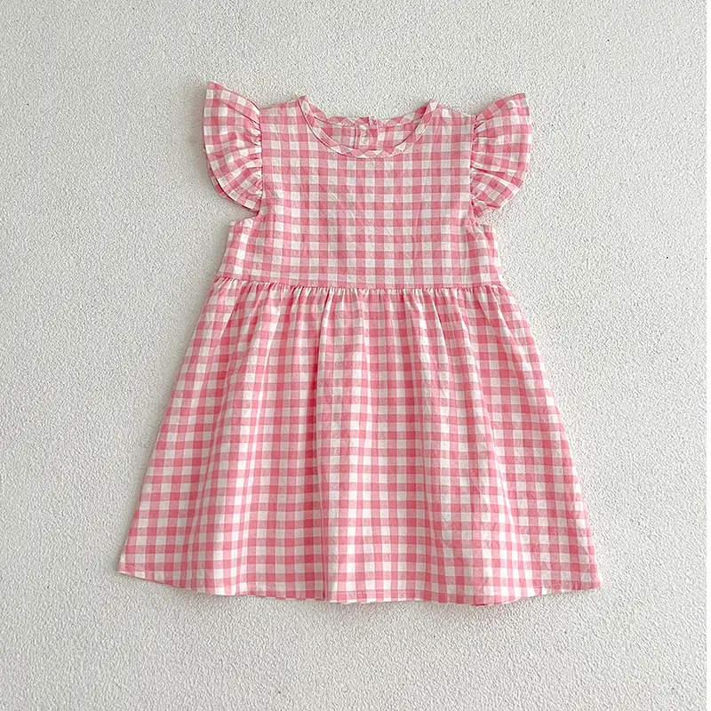 Baby Girls Flying Dleeve Summer Kids Clothes Dress Grid Dress New Kids Baby Girls Sweet Cute Princess Children Clothes Dress