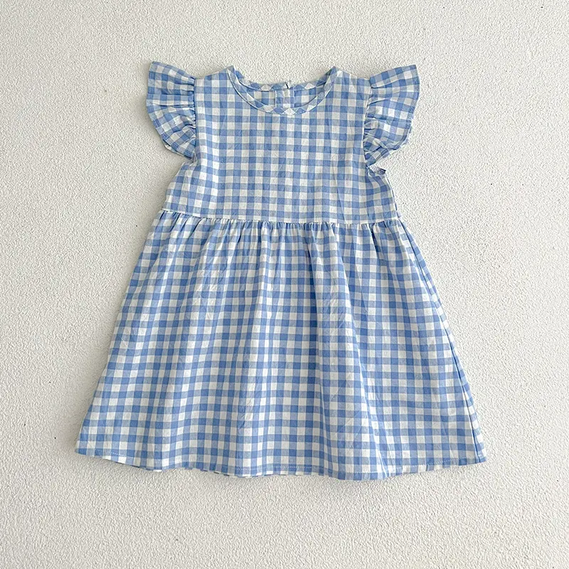 Baby Girls Flying Dleeve Summer Kids Clothes Dress Grid Dress New Kids Baby Girls Sweet Cute Princess Children Clothes Dress