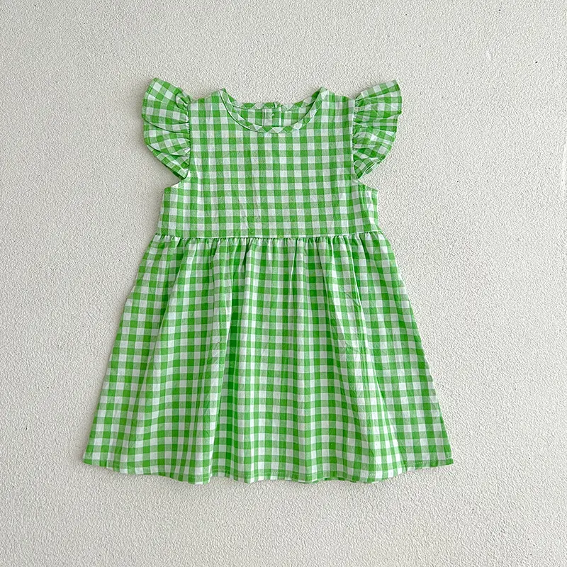 Baby Girls Flying Dleeve Summer Kids Clothes Dress Grid Dress New Kids Baby Girls Sweet Cute Princess Children Clothes Dress