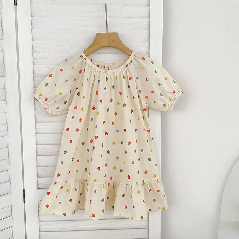 New Girls Puff Sleeve Dress Summer Cute Colored Dots Printed Princess Dress Toddler Kids Clothes 2-6Y Ruffled Collar Clothing
