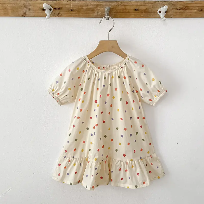 New Girls Puff Sleeve Dress Summer Cute Colored Dots Printed Princess Dress Toddler Kids Clothes 2-6Y Ruffled Collar Clothing