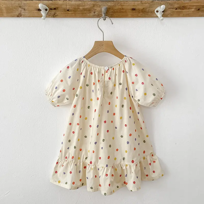 New Girls Puff Sleeve Dress Summer Cute Colored Dots Printed Princess Dress Toddler Kids Clothes 2-6Y Ruffled Collar Clothing