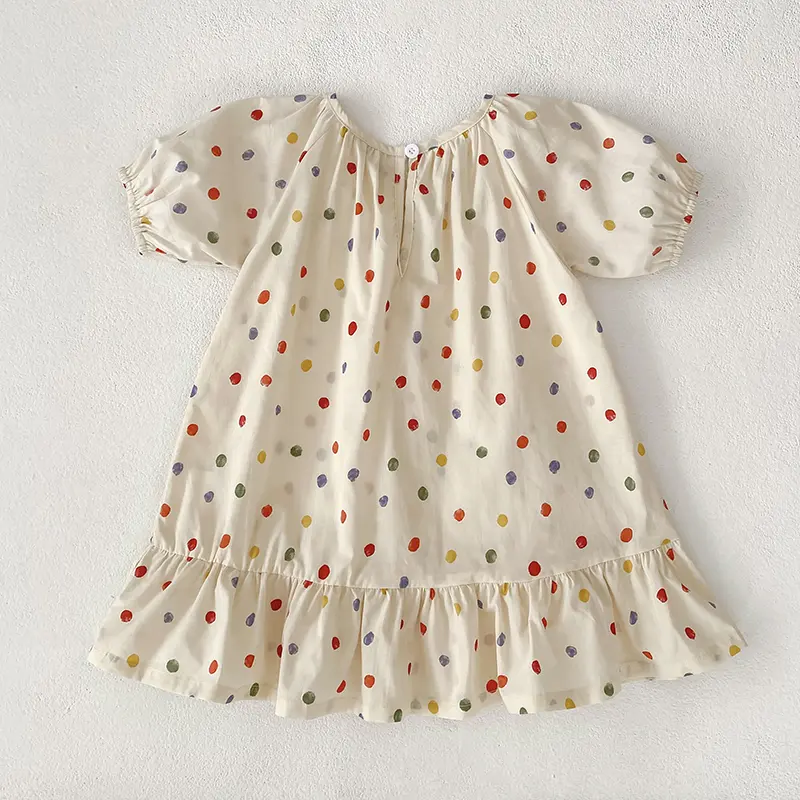 New Girls Puff Sleeve Dress Summer Cute Colored Dots Printed Princess Dress Toddler Kids Clothes 2-6Y Ruffled Collar Clothing