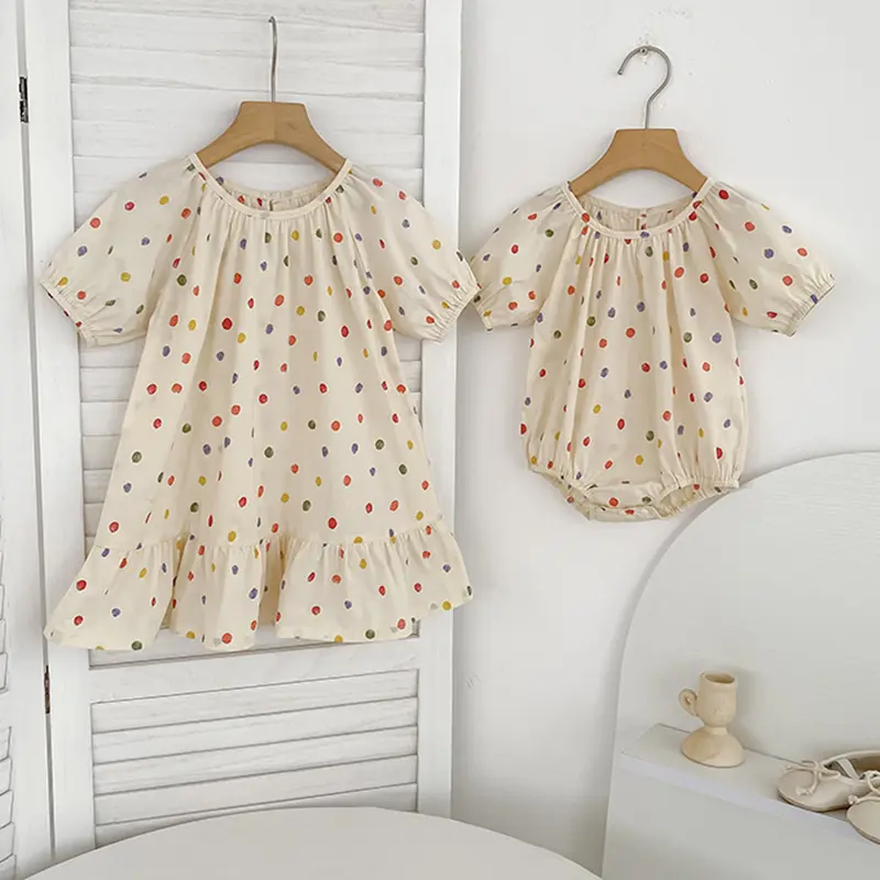 New Girls Puff Sleeve Dress Summer Cute Colored Dots Printed Princess Dress Toddler Kids Clothes 2-6Y Ruffled Collar Clothing
