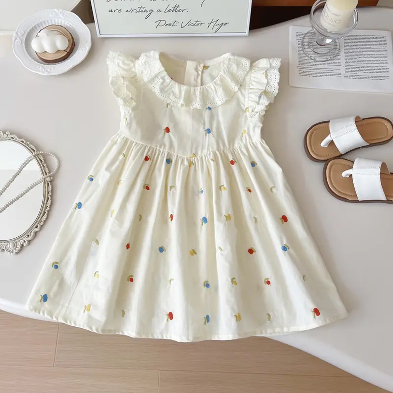 Girls Flying Sleeves Dress Summre New Cute Embroidery Printed Princess Dress Toddler Kid Clothes 2-6Y Ruffled Collar Clothing