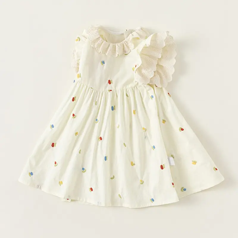 Girls Flying Sleeves Dress Summre New Cute Embroidery Printed Princess Dress Toddler Kid Clothes 2-6Y Ruffled Collar Clothing