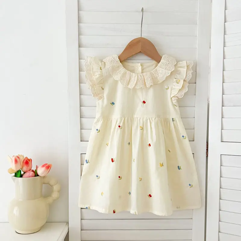 Girls Flying Sleeves Dress Summre New Cute Embroidery Printed Princess Dress Toddler Kid Clothes 2-6Y Ruffled Collar Clothing