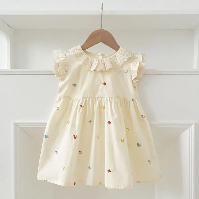 Girls Flying Sleeves Dress Summre New Cute Embroidery Printed Princess Dress Toddler Kid Clothes 2-6Y Ruffled Collar Clothing