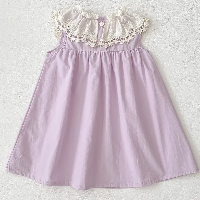Girls Dress Purple Summer New Cute Embroidered Bow Printed Dress Lace Collar Toddler Kid Clothes 2-6Y Ruffled Collar Clothing