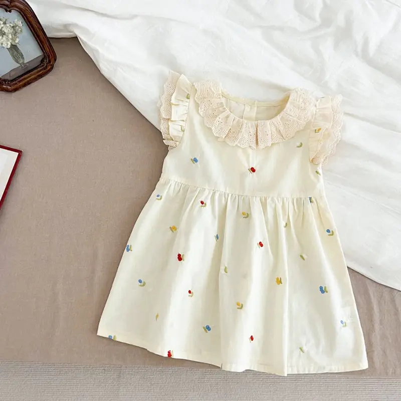 Girls Flying Sleeves Dress Summre New Cute Embroidery Printed Princess Dress Toddler Kid Clothes 2-6Y Ruffled Collar Clothing