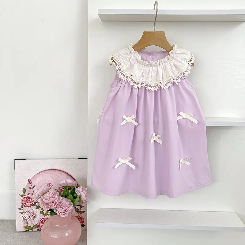 Girls Dress Purple Summer New Cute Embroidered Bow Printed Dress Lace Collar Toddler Kid Clothes 2-6Y Ruffled Collar Clothing