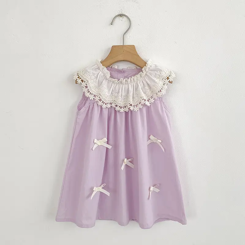 Girls Dress Purple Summer New Cute Embroidered Bow Printed Dress Lace Collar Toddler Kid Clothes 2-6Y Ruffled Collar Clothing