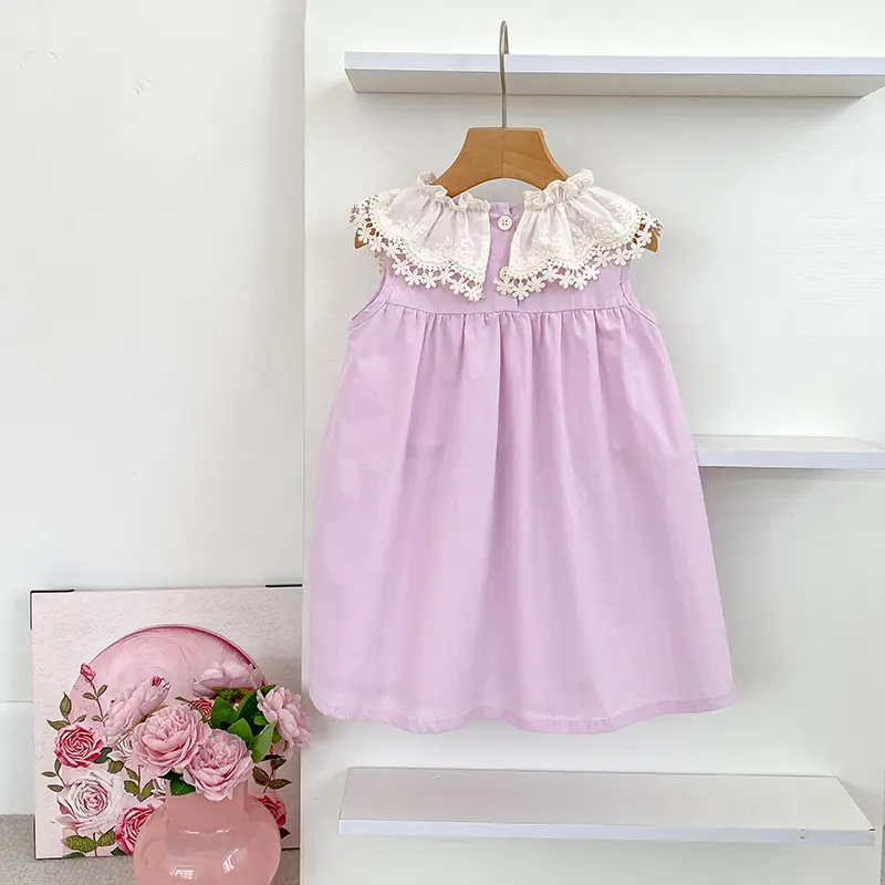 Girls Dress Purple Summer New Cute Embroidered Bow Printed Dress Lace Collar Toddler Kid Clothes 2-6Y Ruffled Collar Clothing