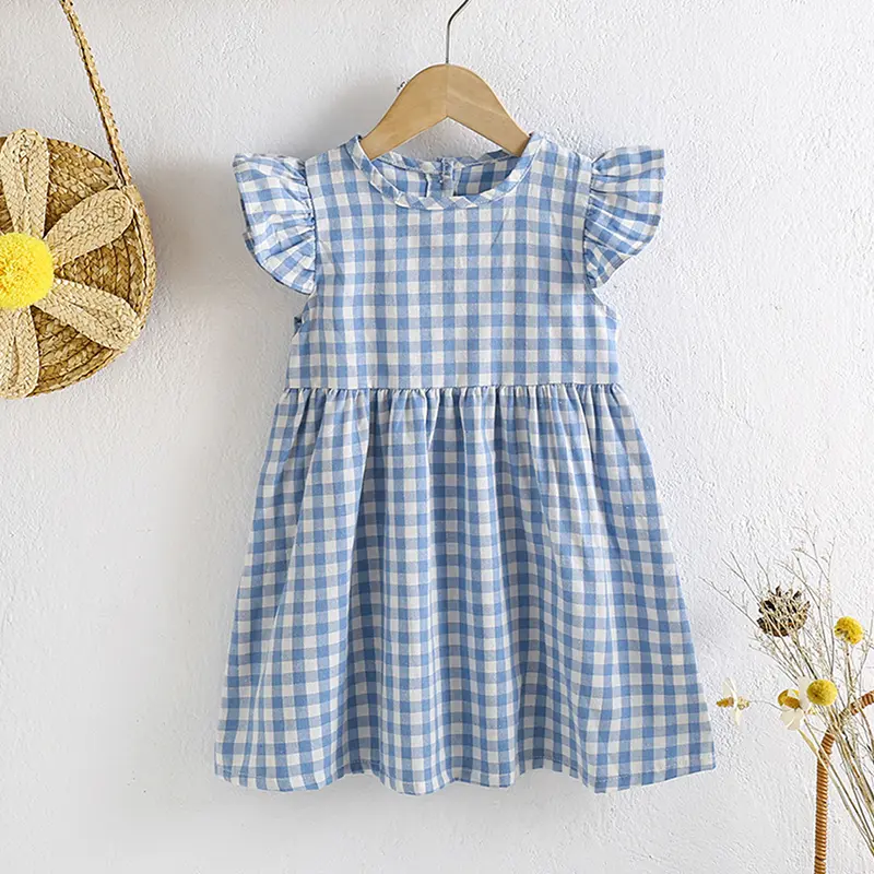 Girls Toddler Princess Dresses Girls Fashion Blue Plaid Dress Kids Flying Sleeves Party Clothes Cotton Summer New Little Dress