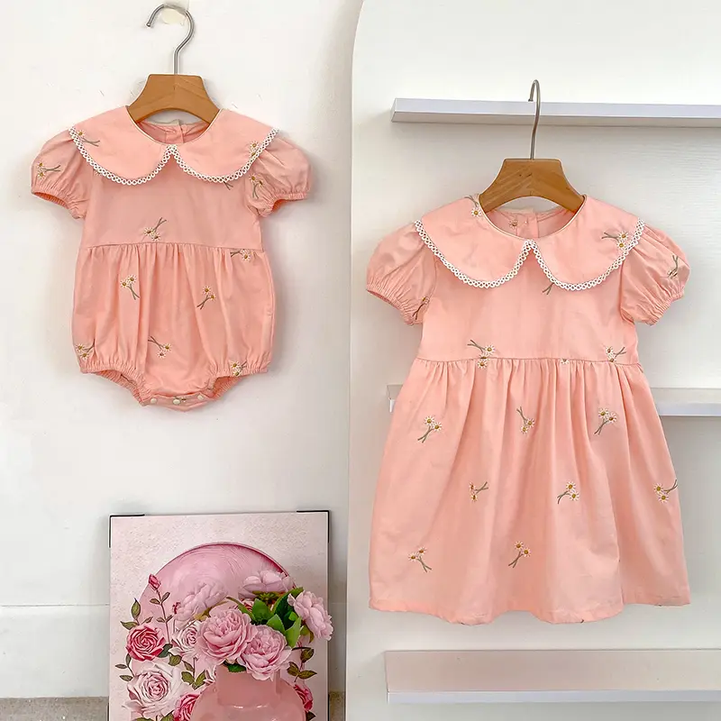 Sister Embroider Baby Romper Girls Princess Dress Pink Summer Matching Sister Outfit Kid Baby Girls Clothes Girls Flower Dress