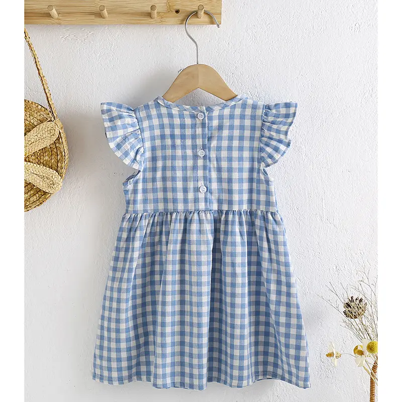 Girls Toddler Princess Dresses Girls Fashion Blue Plaid Dress Kids Flying Sleeves Party Clothes Cotton Summer New Little Dress