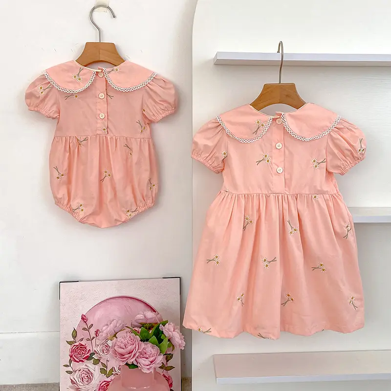 Sister Embroider Baby Romper Girls Princess Dress Pink Summer Matching Sister Outfit Kid Baby Girls Clothes Girls Flower Dress