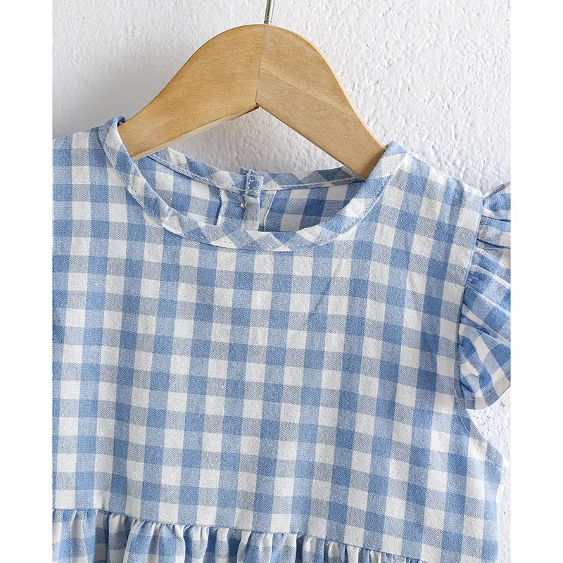 Girls Toddler Princess Dresses Girls Fashion Blue Plaid Dress Kids Flying Sleeves Party Clothes Cotton Summer New Little Dress