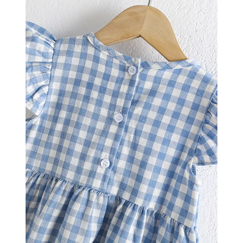 Girls Toddler Princess Dresses Girls Fashion Blue Plaid Dress Kids Flying Sleeves Party Clothes Cotton Summer New Little Dress