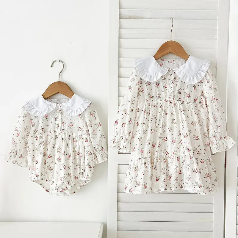 Family Sister Matching Dress Newborn Baby Girl Jumpsuit Flower Princes Cotton Long Sleeve Baby Dress Autumn Baby Sisters Clothes