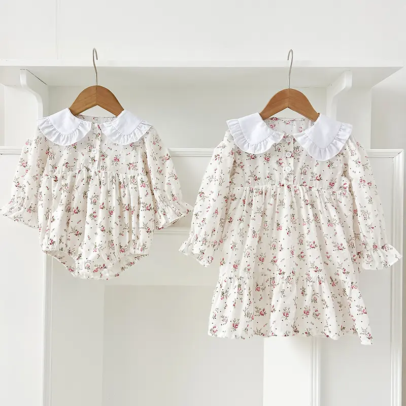 Family Sister Matching Dress Newborn Baby Girl Jumpsuit Flower Princes Cotton Long Sleeve Baby Dress Autumn Baby Sisters Clothes