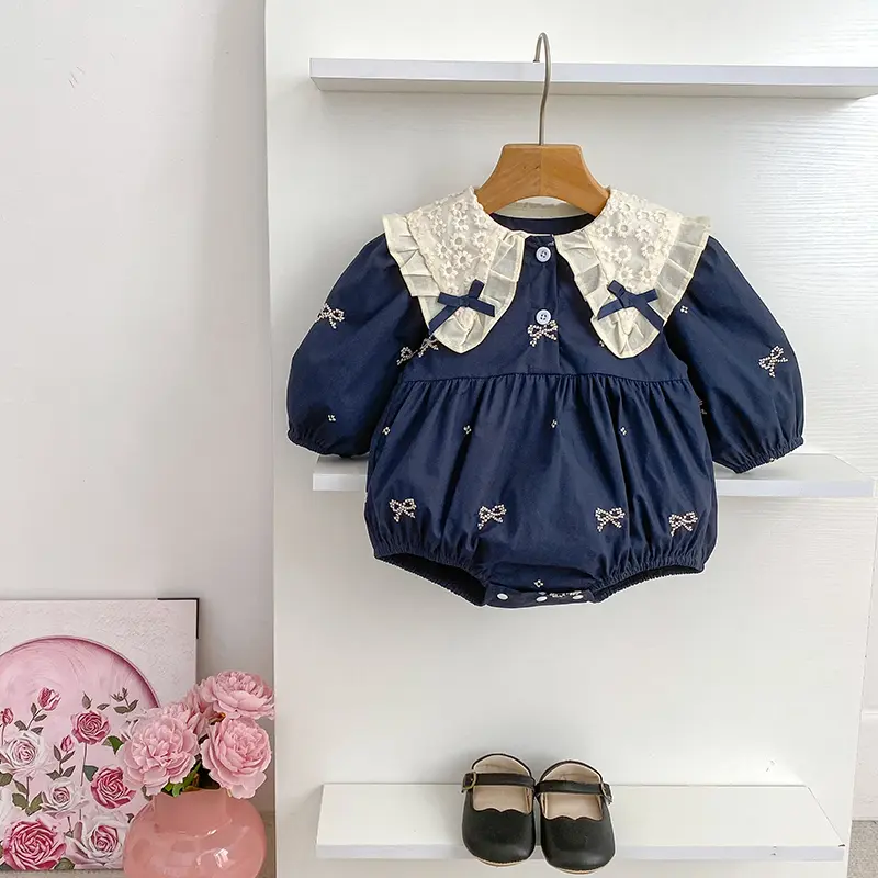New Autumn Baby Clothes Sweet Embroidered Bow Girls Bodysuit Newborn Lace Peter Pan Collar Princess Clothing Toddler One Piece