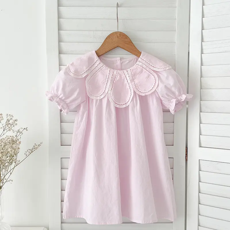 2024 Summer Infant Clothes Sister Look Pink Lace Embroidery Baby Girl Petal Collar Romper Elegant Princess Birthday Party Dress