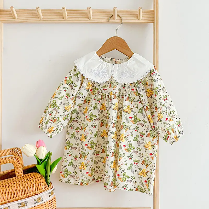Spring Kid Baby Girls Dress Embroidered Doll Collar Clothes Flower Princess Dress Casual Baby Girls Dress Children Clothes Dress